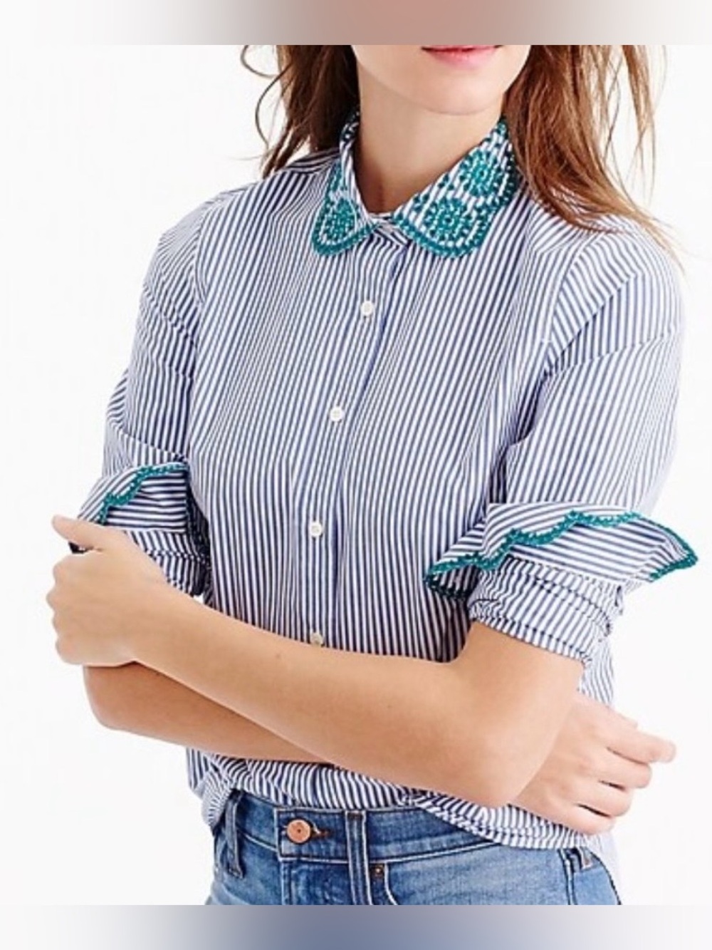 J. Crew Striped Perfect Shirt with Eyelet Trim Button Down
